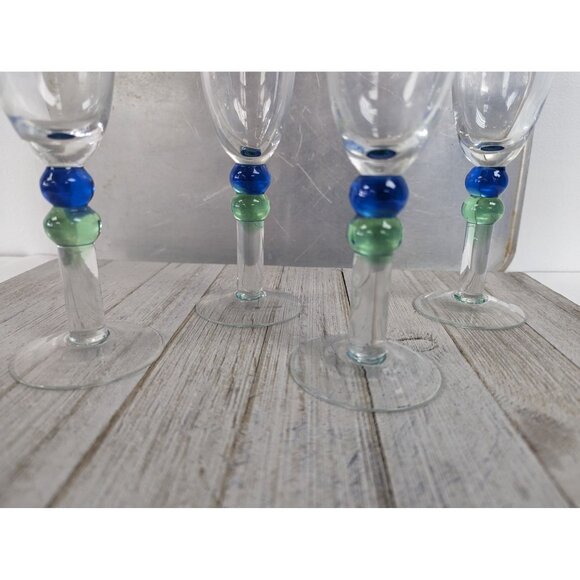 French Style Set of 4 Wine Drinking Glasses 8 5/8" Tall Clear Blue Green Stem - Picture 3 of 9